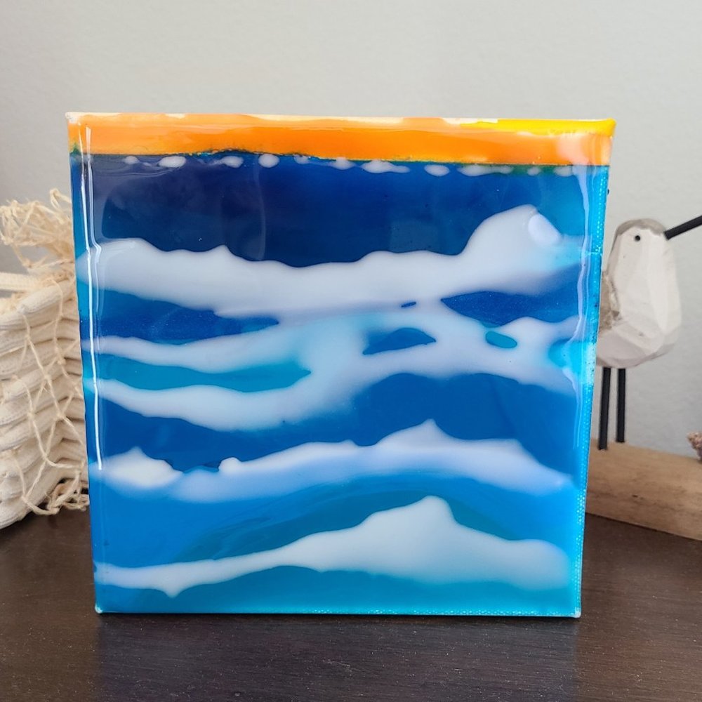 Small Canvas and Resin Artwork, Sunset Over The Ocean, 6 x 6